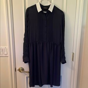 Navy Blue Long Sleeve Dress with White Collar
